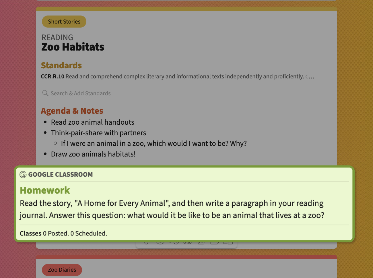 A Google Classroom homework card at the bottom of a lesson in Tom's planbook.